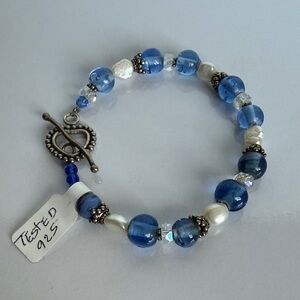 Artisan Made Blue and 925 Silver Beaded Pearl Bracelet